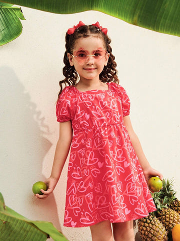 Valentine's Girls Dress, Young Girl Geometric Heart Print Raglan Sleeve Short Sleeve Dress, Red Square Collar Baby Doll Dress