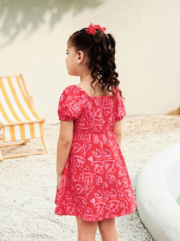 Valentine's Girls Dress, Young Girl Geometric Heart Print Raglan Sleeve Short Sleeve Dress, Red Square Collar Baby Doll Dress