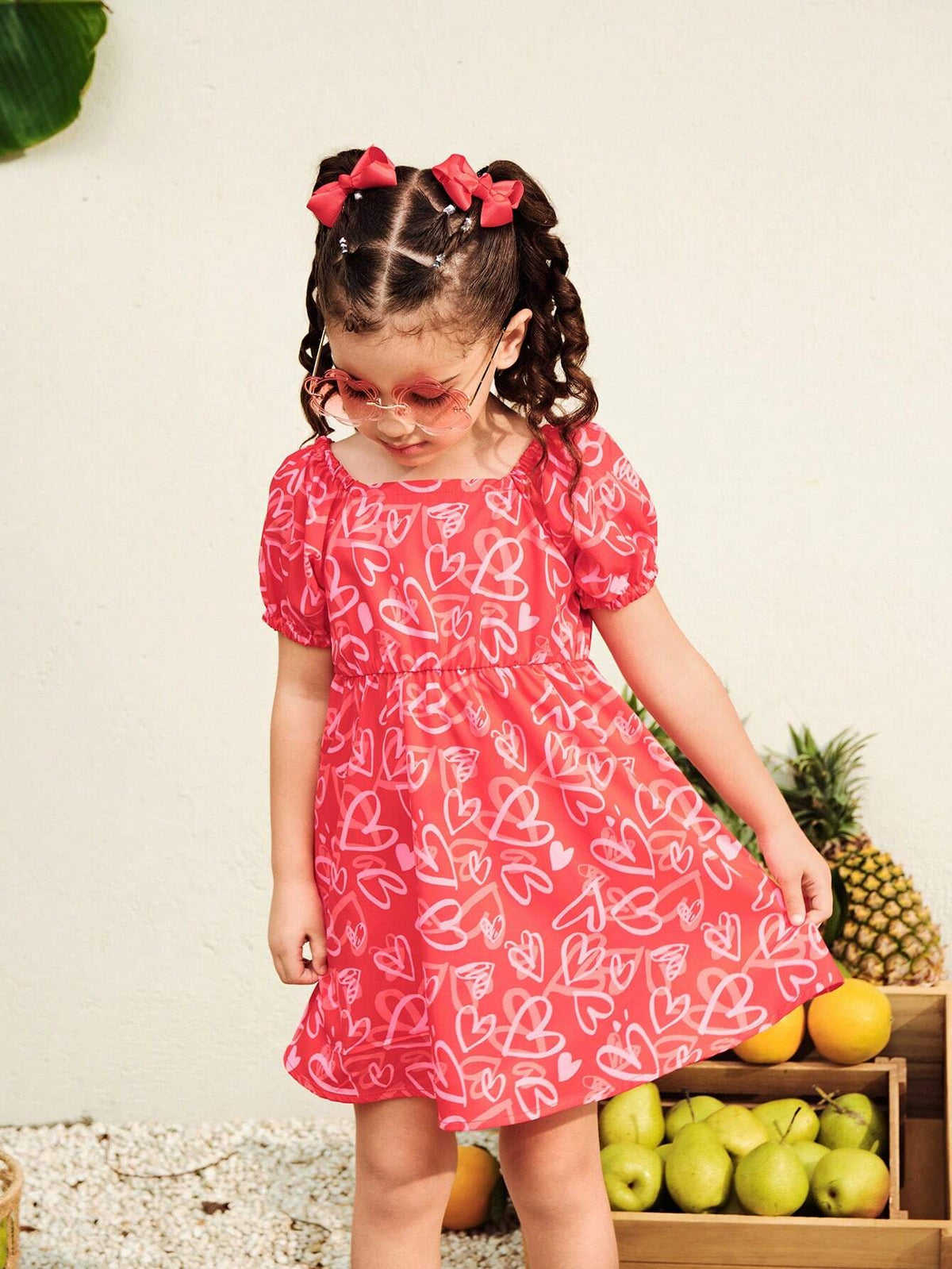 Valentine's Girls Dress, Young Girl Geometric Heart Print Raglan Sleeve Short Sleeve Dress, Red Square Collar Baby Doll Dress