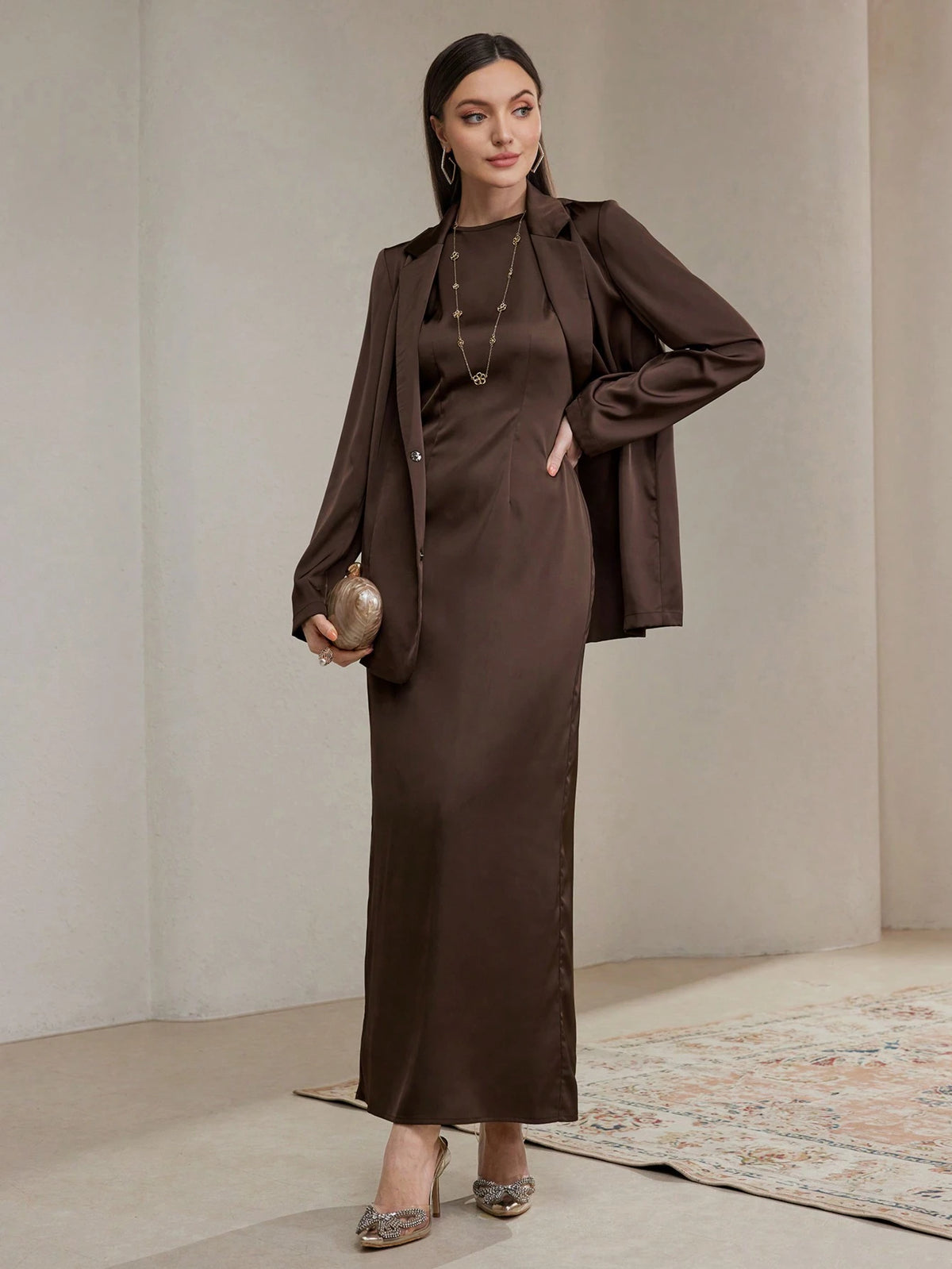 Veilorie 2pcs/Set Women Plain Long Sleeve Band Collar Simple Jacket And Dress Outfit