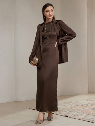 Veilorie 2pcs/Set Women Plain Long Sleeve Band Collar Simple Jacket And Dress Outfit