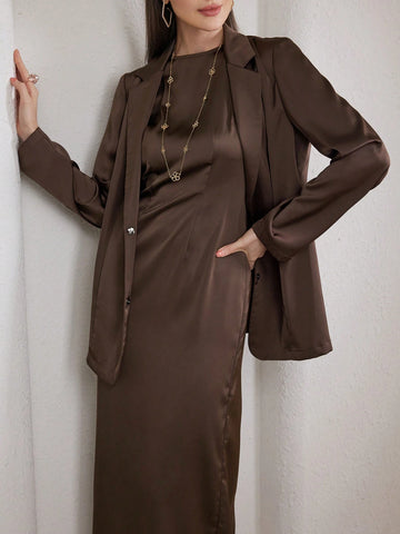 Veilorie 2pcs/Set Women Plain Long Sleeve Band Collar Simple Jacket And Dress Outfit