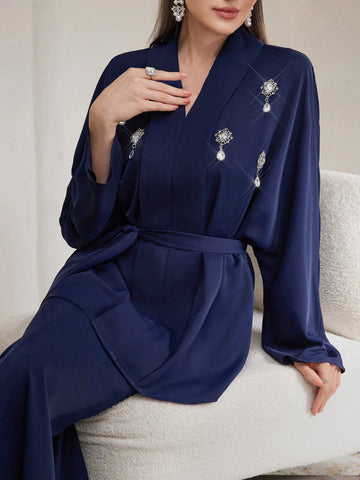 Veilorie 2pcs/Set Women Rhinestone Decor Long Sleeve Minimalist Top And Long Pants Outfit