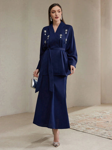 Veilorie 2pcs/Set Women Rhinestone Decor Long Sleeve Minimalist Top And Long Pants Outfit