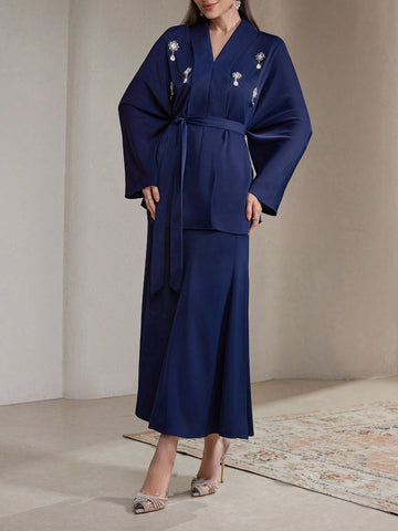 Veilorie 2pcs/Set Women Rhinestone Decor Long Sleeve Minimalist Top And Long Pants Outfit