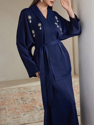 Veilorie 2pcs/Set Women Rhinestone Decor Long Sleeve Minimalist Top And Long Pants Outfit