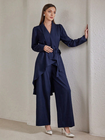 Veilorie 2pcs Women Plain Top And Pants Set, Casual And Fashionable For Everyday Wear