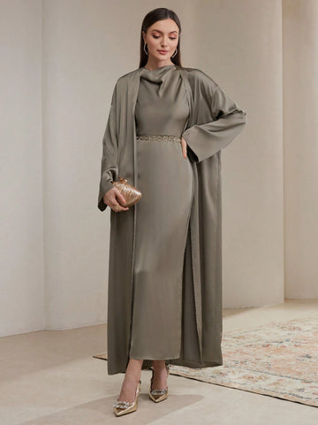 Veilorie Women's Autumn Solid Color Drop Shoulder Long Sleeve Maxi Cardigan And Turtleneck Long Dress Elegant 2 Piece Set