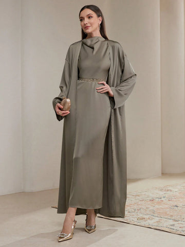 Veilorie Women's Autumn Solid Color Drop Shoulder Long Sleeve Maxi Cardigan And Turtleneck Long Dress Elegant 2 Piece Set