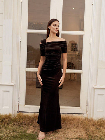 Velvet Asymmetrical Neckline Formal Dress For Evening Party