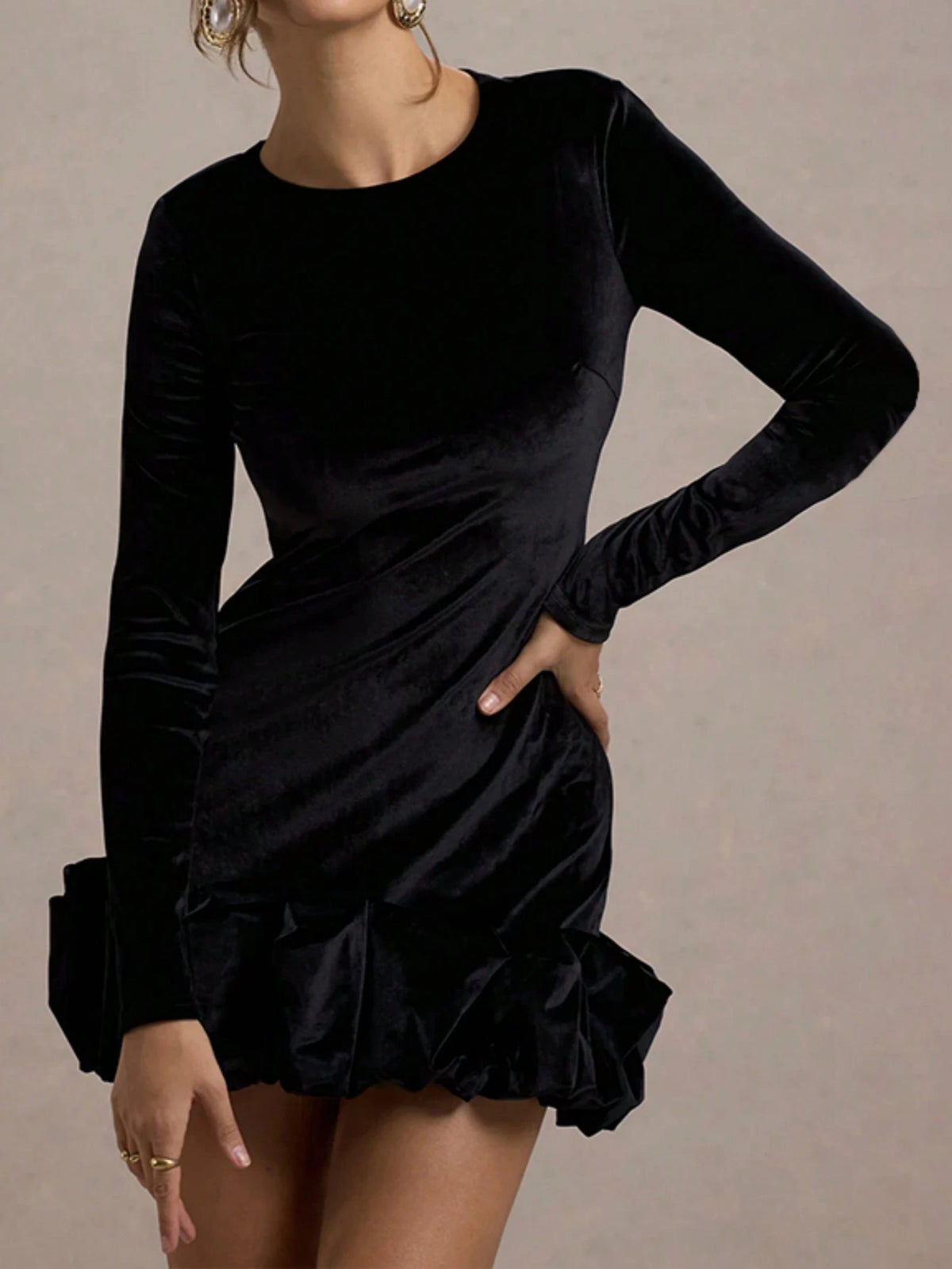 Velvet Crew Neck Ruched Hem Long Sleeve Dress
