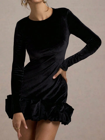 Velvet Crew Neck Ruched Hem Long Sleeve Dress