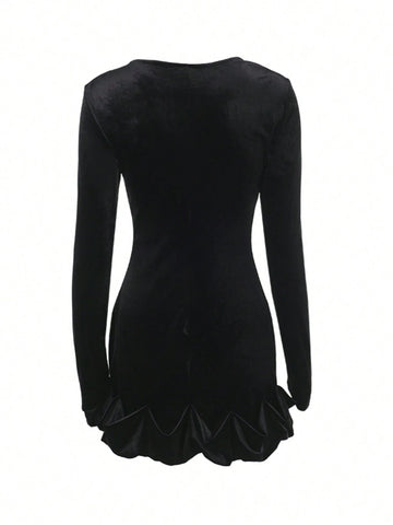 Velvet Crew Neck Ruched Hem Long Sleeve Dress