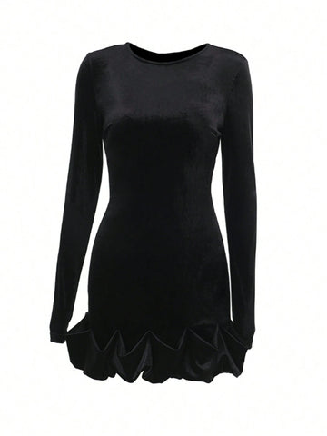 Velvet Crew Neck Ruched Hem Long Sleeve Dress