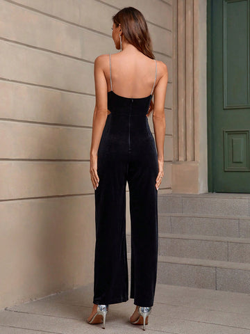 Velvet Suspender Jumpsuit With Cutout Waist
