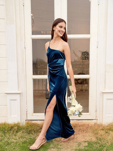 Velvet Twisted Front Slit One Shoulder Bridesmaid Dress