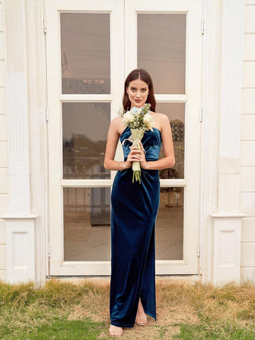 Velvet Twisted Front Slit One Shoulder Bridesmaid Dress