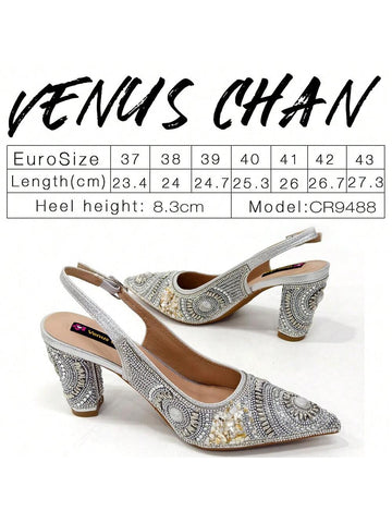 New Silver Colour Pointed-Toe Diamond-Studded Party Women's High Heels Gorgeous Partie