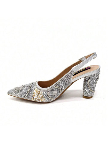New Silver Colour Pointed-Toe Diamond-Studded Party Women's High Heels Gorgeous Partie