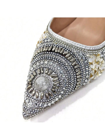 New Silver Colour Pointed-Toe Diamond-Studded Party Women's High Heels Gorgeous Partie