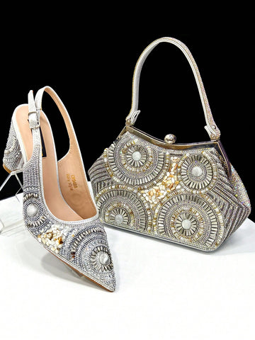 New Silver Colour Pointed-Toe Diamond-Studded Party Women's High Heels Gorgeous Partie
