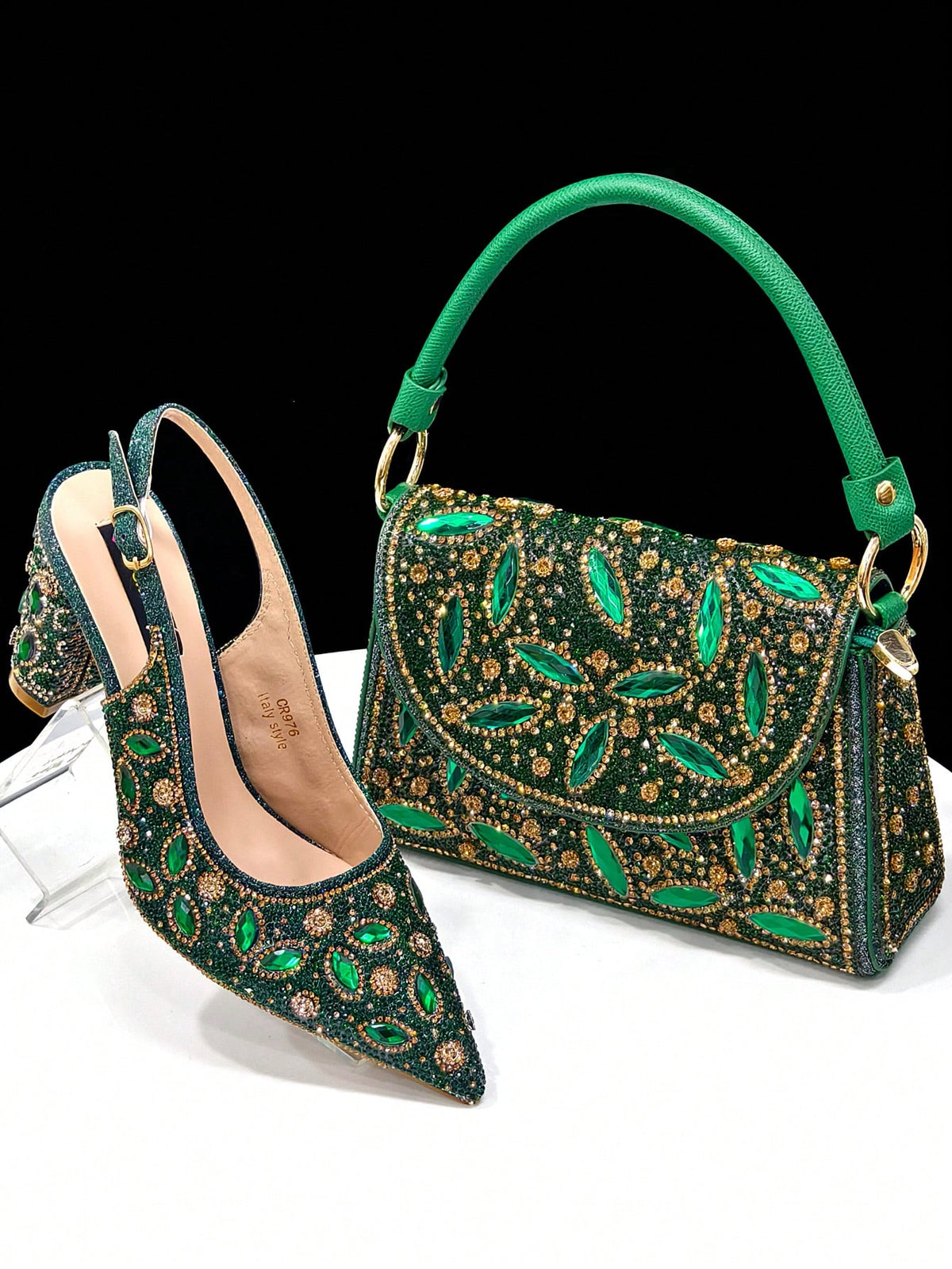 Green Color Elegant Italian Style Pointed-Toe Evening Party Shoe And Bag Set - Comfortable High
