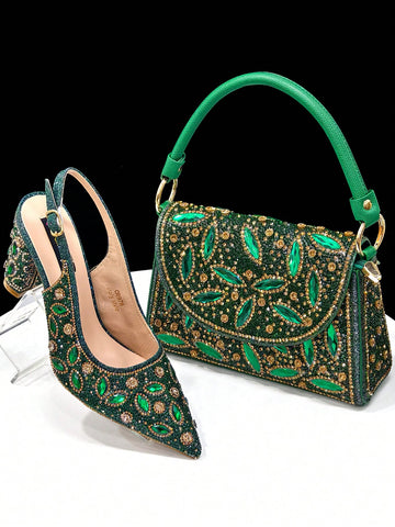 Green Color Elegant Italian Style Pointed-Toe Evening Party Shoe And Bag Set - Comfortable High