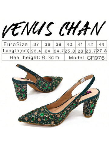 Green Color Elegant Italian Style Pointed-Toe Evening Party Shoe And Bag Set - Comfortable High