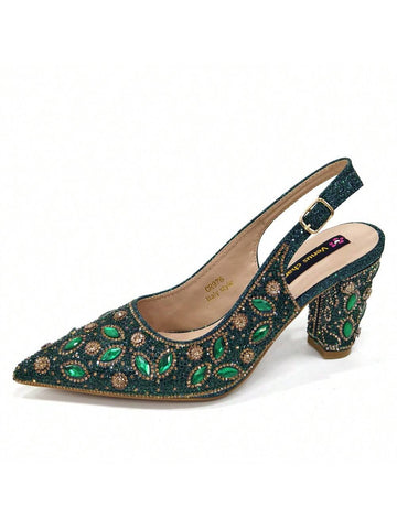 Green Color Elegant Italian Style Pointed-Toe Evening Party Shoe And Bag Set - Comfortable High