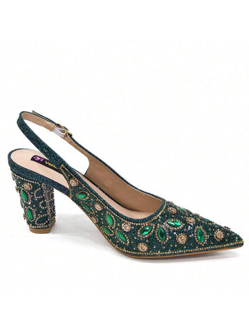 Green Color Elegant Italian Style Pointed-Toe Evening Party Shoe And Bag Set - Comfortable High