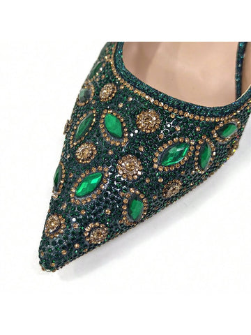 Green Color Elegant Italian Style Pointed-Toe Evening Party Shoe And Bag Set - Comfortable High