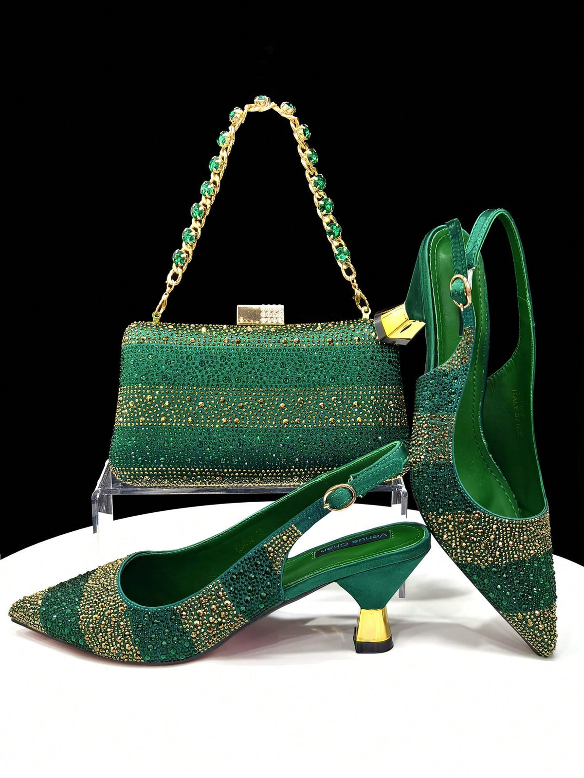 Style Rhinestone Pointed Toe Heels For Women 2025 Ms. Banguet Scene Elegant Party Green