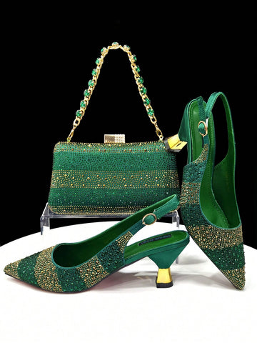 Style Rhinestone Pointed Toe Heels For Women 2025 Ms. Banguet Scene Elegant Party Green