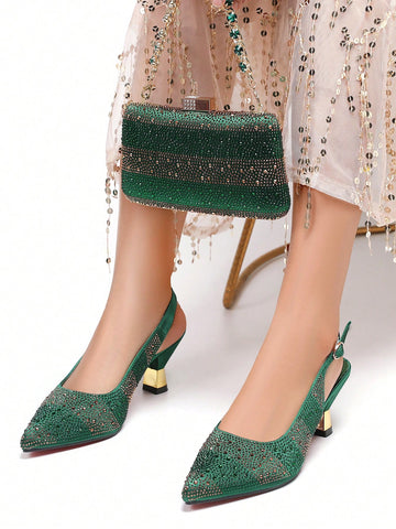 Style Rhinestone Pointed Toe Heels For Women 2025 Ms. Banguet Scene Elegant Party Green