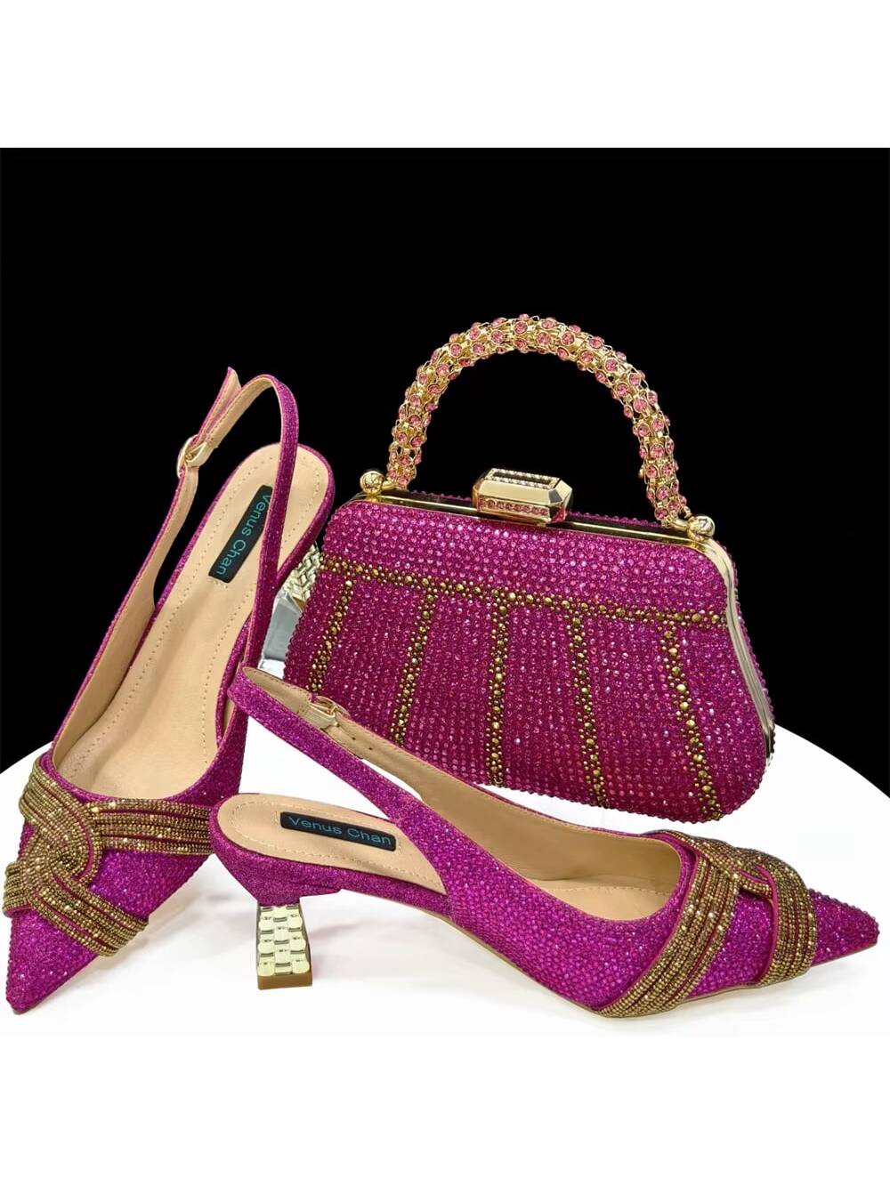 Nigerian Heel Party For Women Shoes And Bag Set Fuchsia Colour Rhinestone Handbag Italian