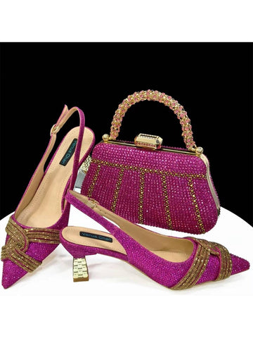 Nigerian Heel Party For Women Shoes And Bag Set Fuchsia Colour Rhinestone Handbag Italian