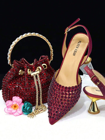 Venus Chan Pointed Toe Heels For Women Elegant Party Wine Color Full Diamond Pumps Italian Shoes