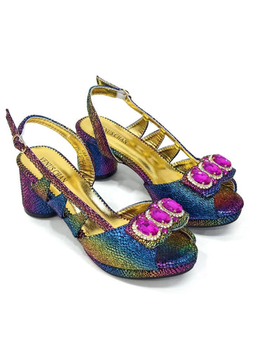 Venus Chan Shiny Italian Fashion Peep Toe Women Chunky Heel Bigger Size Fashion Rhinestone Decoration