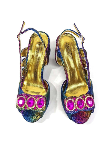Venus Chan Shiny Italian Fashion Peep Toe Women Chunky Heel Bigger Size Fashion Rhinestone Decoration