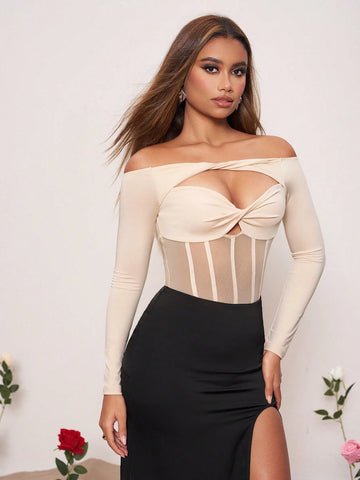 Vera Edvards Off Shoulder Mesh Patchwork Tight Bodysuit With Straight Neckline