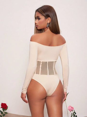 Vera Edvards Off Shoulder Mesh Patchwork Tight Bodysuit With Straight Neckline