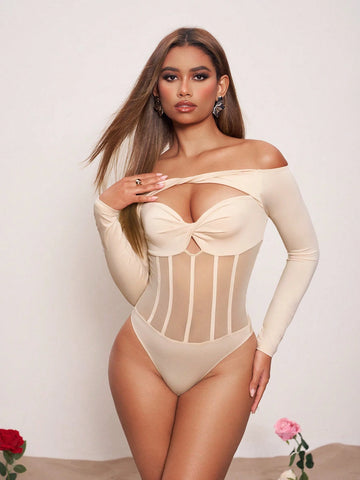 Vera Edvards Off Shoulder Mesh Patchwork Tight Bodysuit With Straight Neckline