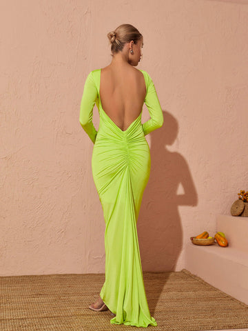 Verena Long Sleeve Backless Maxi Dress In Green