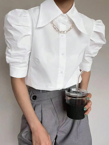 Vibrant Solid Color Puff Sleeve Blouse - Elegant Button Front Design, Breathable Fabric, Relaxed Fit, Spring & Summer Essential, Women's Clothing For Everyday Wear