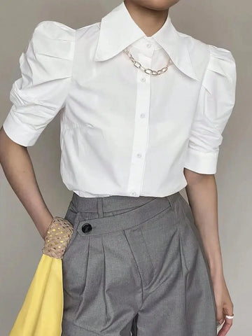 Vibrant Solid Color Puff Sleeve Blouse - Elegant Button Front Design, Breathable Fabric, Relaxed Fit, Spring & Summer Essential, Women's Clothing For Everyday Wear