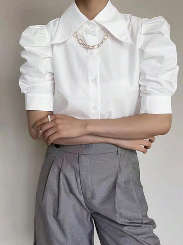 Vibrant Solid Color Puff Sleeve Blouse - Elegant Button Front Design, Breathable Fabric, Relaxed Fit, Spring & Summer Essential, Women's Clothing For Everyday Wear