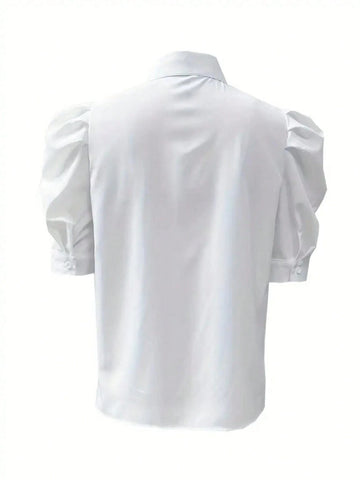 Vibrant Solid Color Puff Sleeve Blouse - Elegant Button Front Design, Breathable Fabric, Relaxed Fit, Spring & Summer Essential, Women's Clothing For Everyday Wear