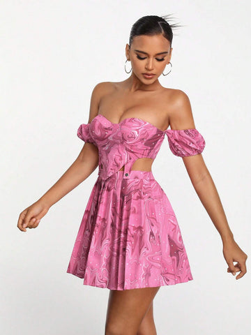 Videmus Omnia Full Printed Hollow Out One Shoulder Maxi Dress