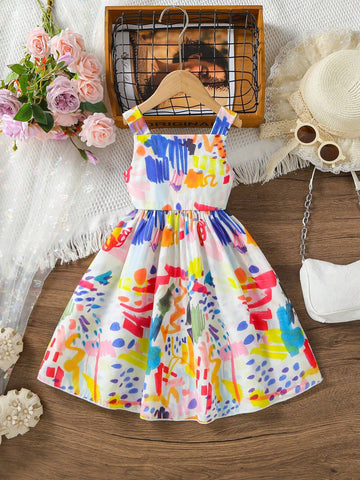 Vintage-Style Young Girl's Cami Dress With A Luxurious Oil Painting-Like Print Featuring Sweet Flowers, Graffiti Design And Fashionable Sensibilities