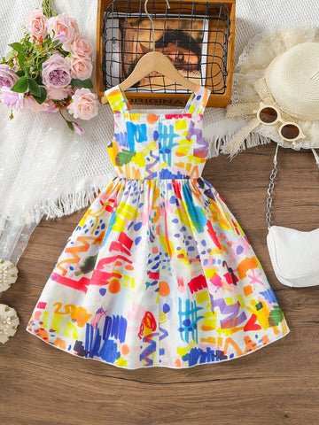 Vintage-Style Young Girl's Cami Dress With A Luxurious Oil Painting-Like Print Featuring Sweet Flowers, Graffiti Design And Fashionable Sensibilities